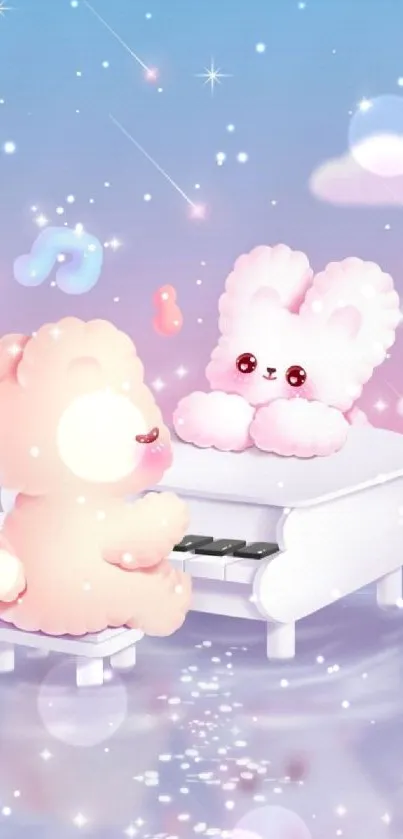 Cute cloud animals playing piano under pastel skies.