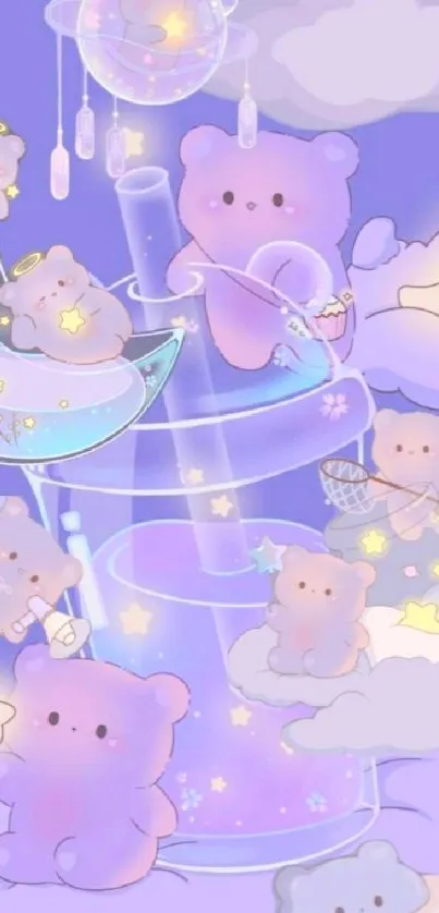 Adorable pastel bears floating on clouds in a dreamy wallpaper.