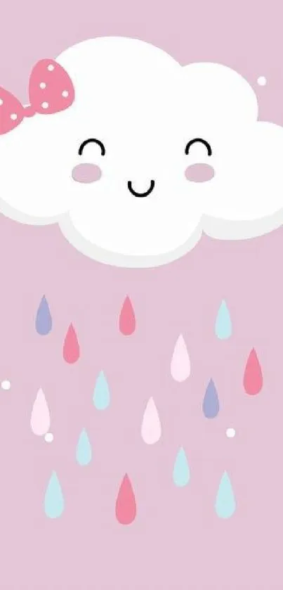 Cute smiling cloud with raindrops on pink background wallpaper.