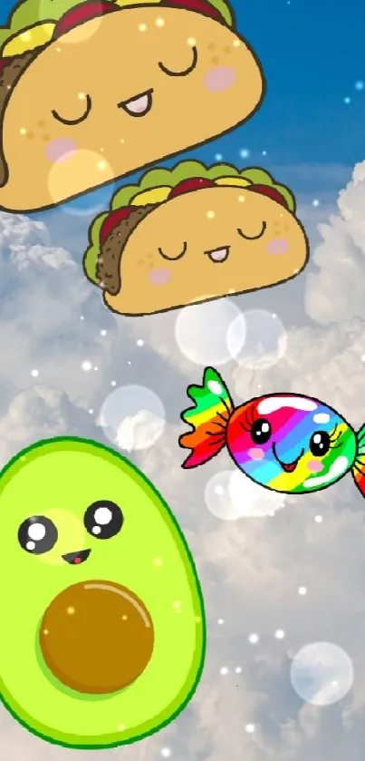 Cute cartoon tacos, avocado, and candy in a cloudy sky background.