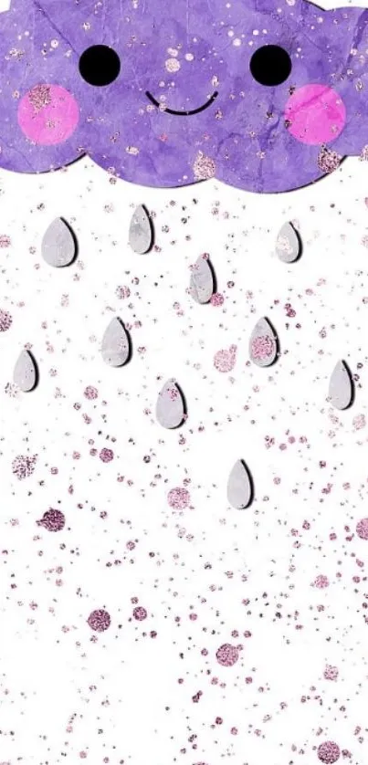 Cute purple cloud with rain and pink cheeks on a white background wallpaper.