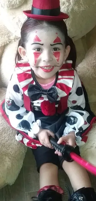 Child in clown costume with face paint sitting happily.