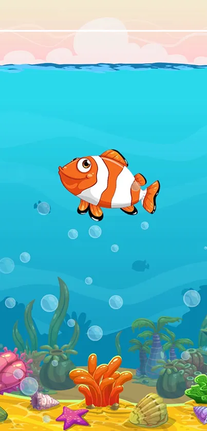 Cartoon clownfish swimming in a colorful ocean scene.