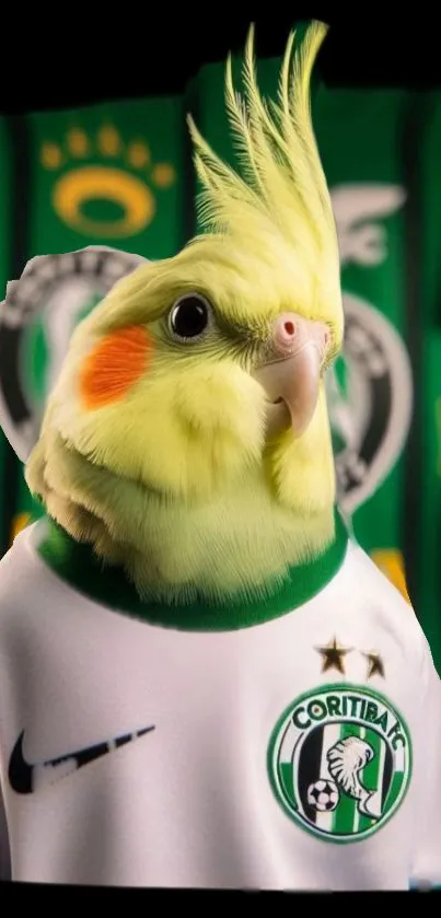 Cute cockatiel wearing a football jersey with team logos.