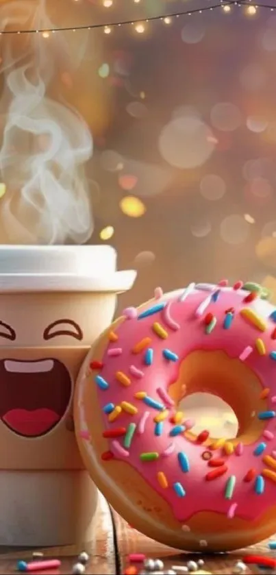 Cute coffee cup and donut with sprinkles in art style.