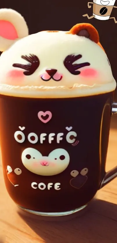 Cute coffee bear on brown cup in mobile wallpaper.