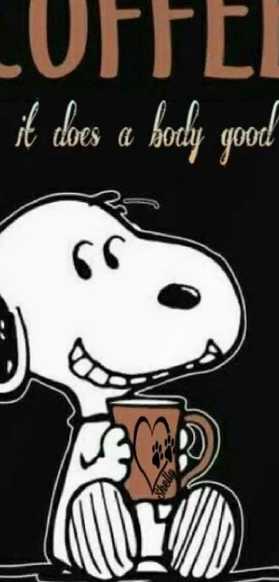 Cute cartoon dog with coffee on black background wallpaper.