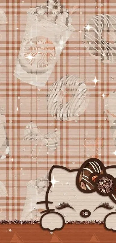 Cute cat with coffee and donut on a brown plaid wallpaper.