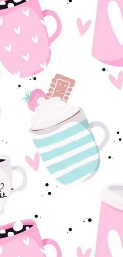 Cute pink coffee mug wallpaper with heart designs.