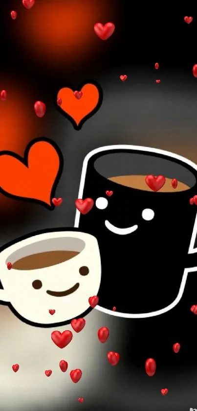 Cute cartoon coffee mugs with hearts on a black background.