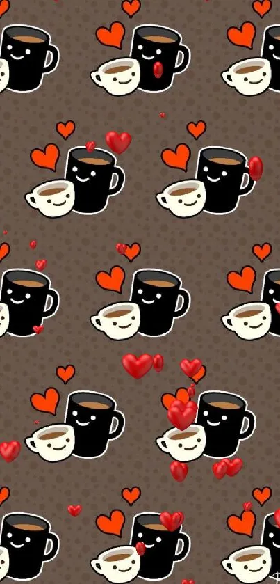 Cute coffee mugs and hearts pattern wallpaper.