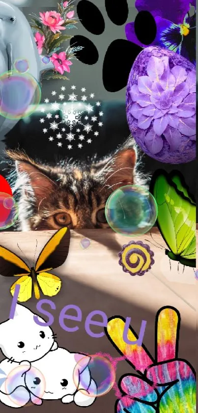 Playful animal collage wallpaper with cat, dolphin, and butterflies.