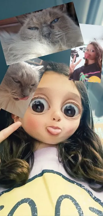 Cartoon hybrid wallpaper with selfies and cat images.