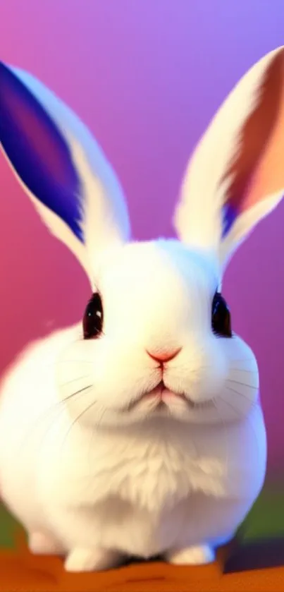 Adorable white bunny with colorful ears on a pink background.