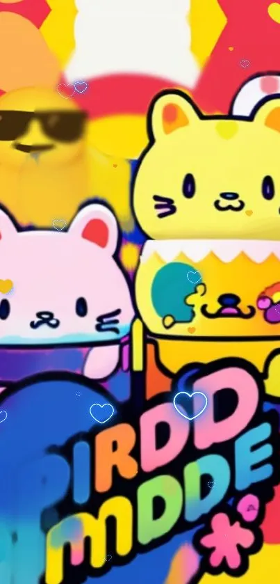 Whimsical colorful cats cartoon wallpaper.