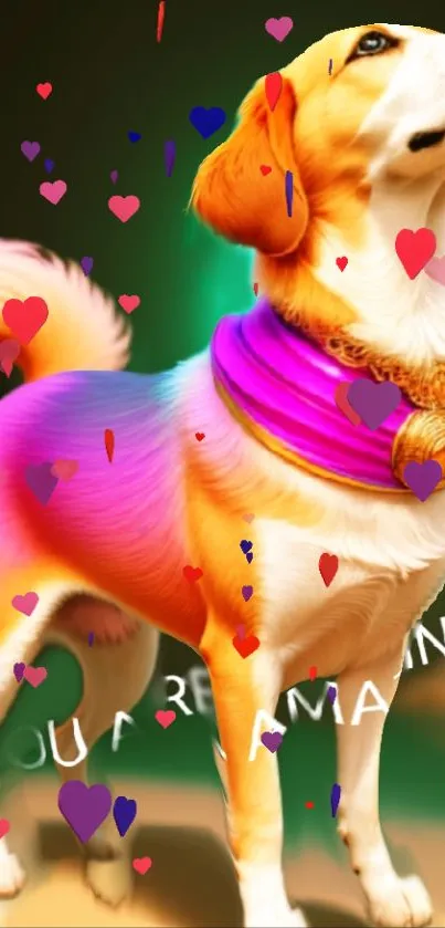 Cute dog with colorful hearts and collar in a lively wallpaper.