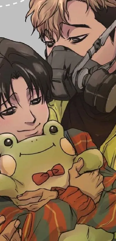 Two comic characters hold a plush frog in a warm and colorful embrace.