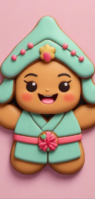 Adorable cookie character with a pink background, perfect for mobile wallpaper.