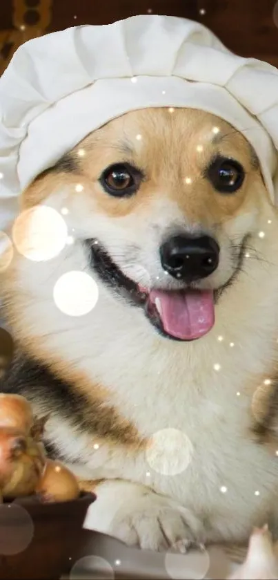 Cute corgi wearing a chef hat with sparkles around.