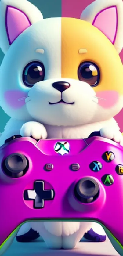 Adorable corgi holds a colorful gaming controller against vibrant background.