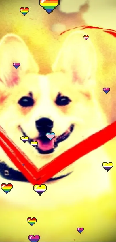 Adorable Corgi with heart design and colorful hearts wallpaper.