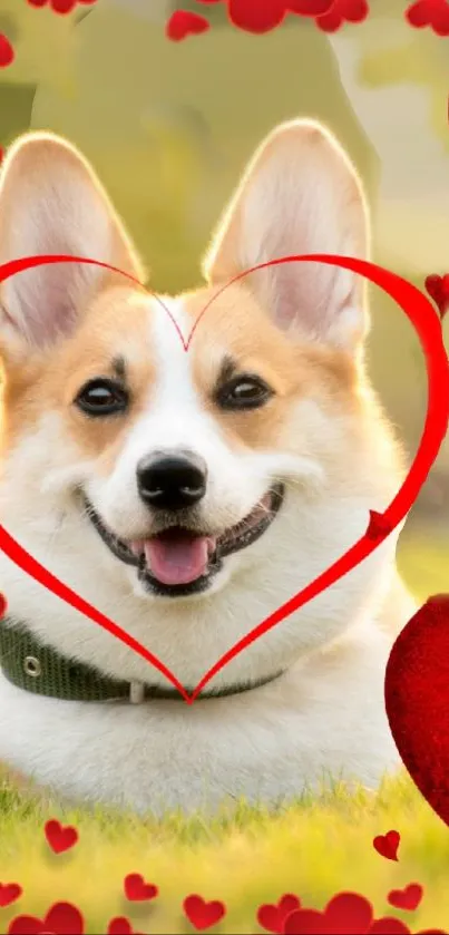 Smiling corgi with red heart decorations.