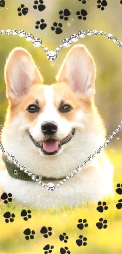 Corgi dog in a heart-shaped paw print frame on grass.