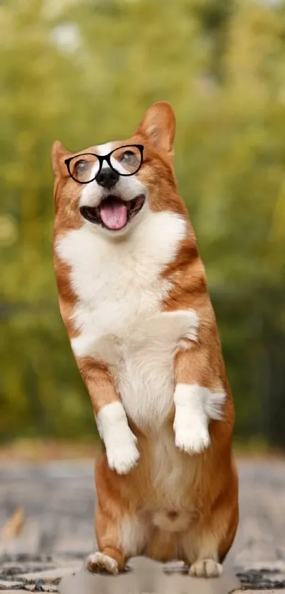 Playful corgi wearing glasses in a green setting.