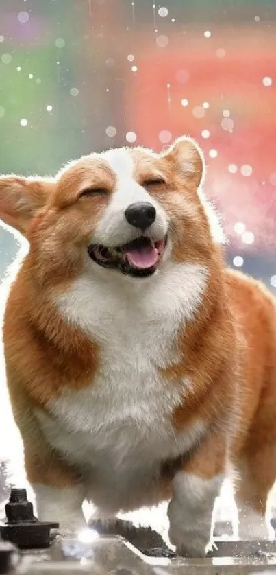 Corgi joyfully walking in the rain with vivid colors.