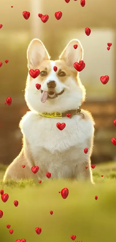 Cute corgi sitting happily in a sunlit field, surrounded by nature.