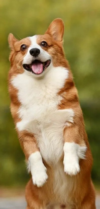 Happy Corgi posing outdoors with green background.