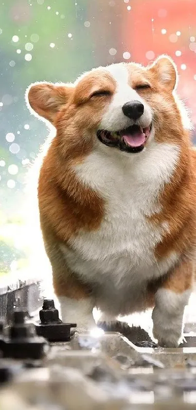 Joyful Corgi walking on a rainy railway track surrounded by greenery.