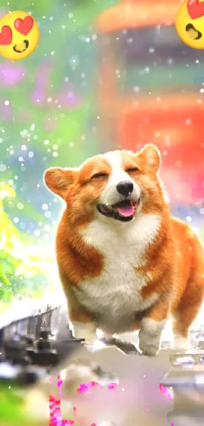 Cute corgi dog happily walking on train tracks with a colorful background.