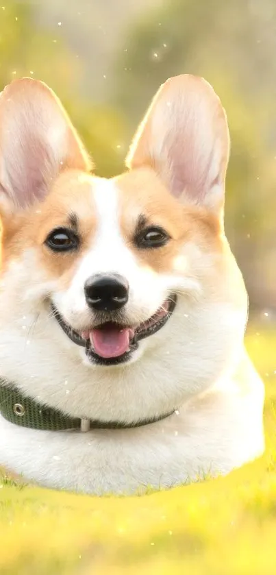 Smiling corgi dog on grassy background, glowing with sunlight.