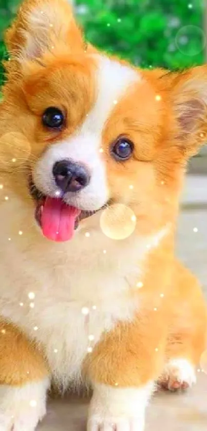 Adorable Corgi puppy sitting happily outside, perfect phone wallpaper.