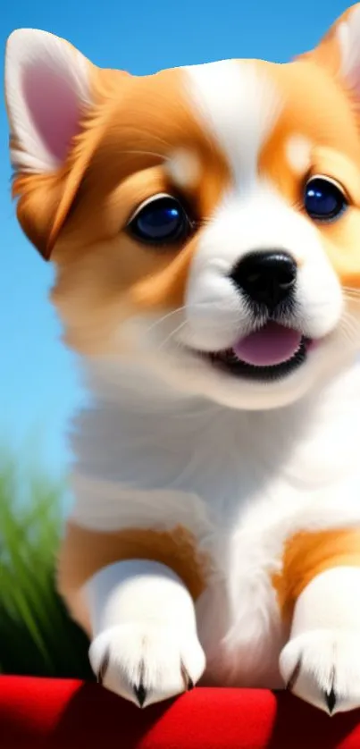 Adorable corgi puppy against a blue sky background.