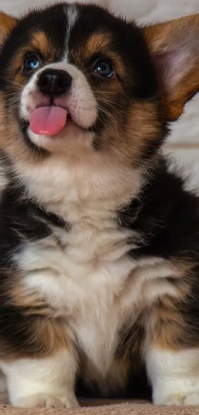Adorable corgi puppy with tongue out on a beige background.