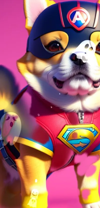 Cute Corgi superhero on pink background, wearing a colorful costume.