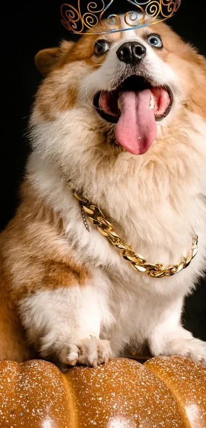 Fluffy corgi wearing a crown and gold chain on black background.