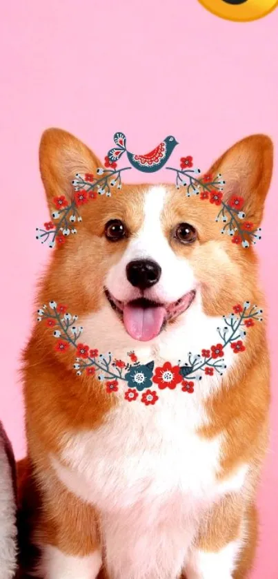 Corgi with floral wreath and emoji on pink background.