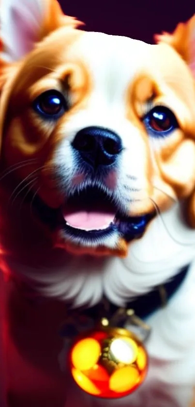 Cute corgi with a glowing collar in digital art wallpaper.