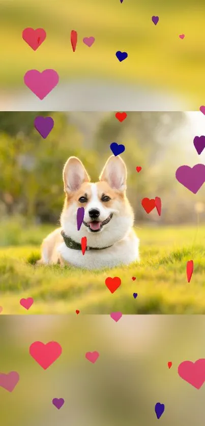 Corgi on grass with floating colorful hearts.