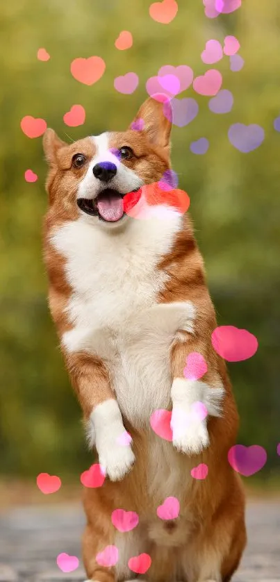 Cheerful corgi with vibrant heart bokeh.