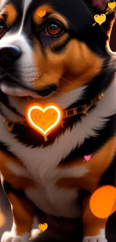 Corgi with glowing heart-shaped collar and orange accents.