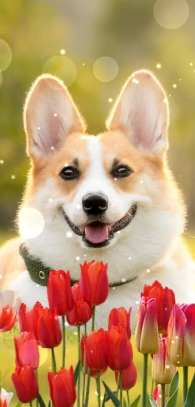 Corgi sitting among red tulips in a sunlit field.