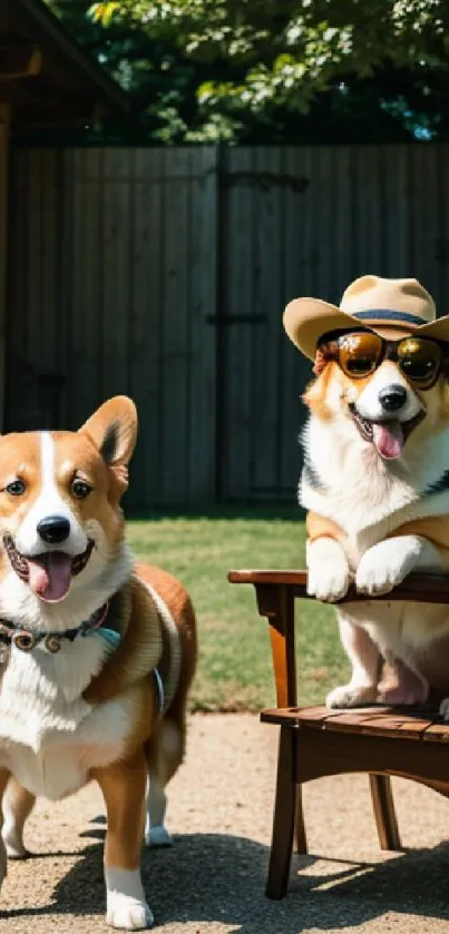 Corgis in sunglasses and hat outdoors.