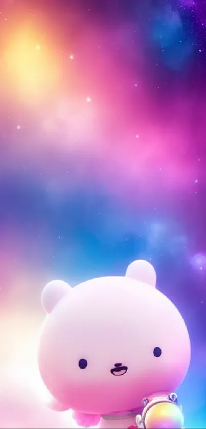 Adorable cosmic bear with vibrant galaxy background.