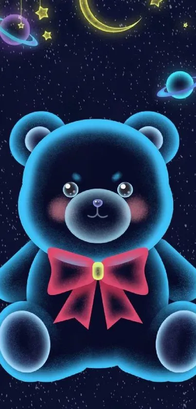 Cute cosmic teddy bear with stars and planets on a dark blue background.