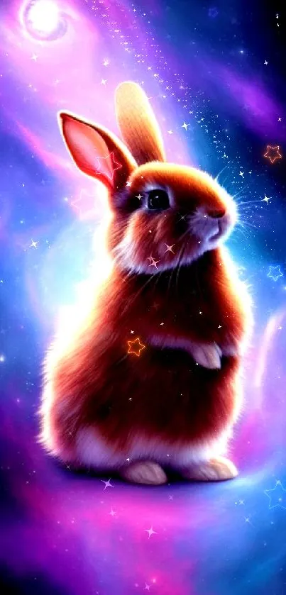 Cute bunny in a vibrant cosmic galaxy background wallpaper.