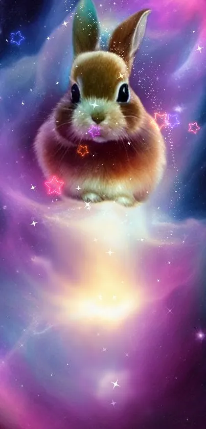 Cute fluffy bunny in a cosmic neon starry background.